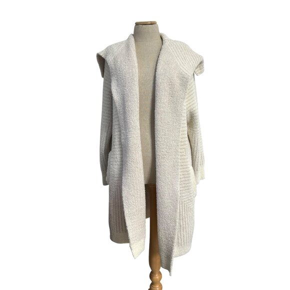 Barefoot Dreams Angular Stripe Cardi Sweater Fuzzy Long Pockets Cream Tan Stripe - Picture 11 of 12